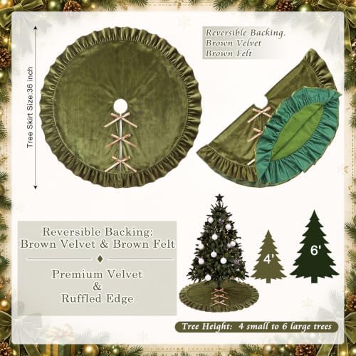 Velvet Christmas Tree Skirt, 36 Inches, Bow Style, Olive Green