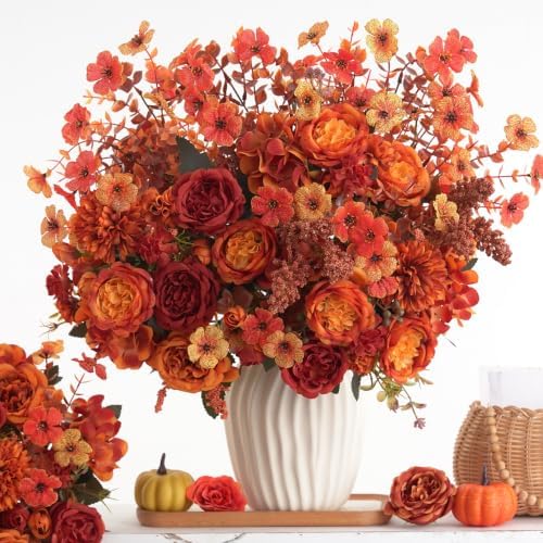Mixed 8pcs Fall Artificial Peony Hydrangea Bouquet, Burnt Orange Red Silk Faux Flower, Autumn Faux Floral Arrangements for Wedding Table Thanksgiving Outdoor Planters Porch Patio Garden Yard