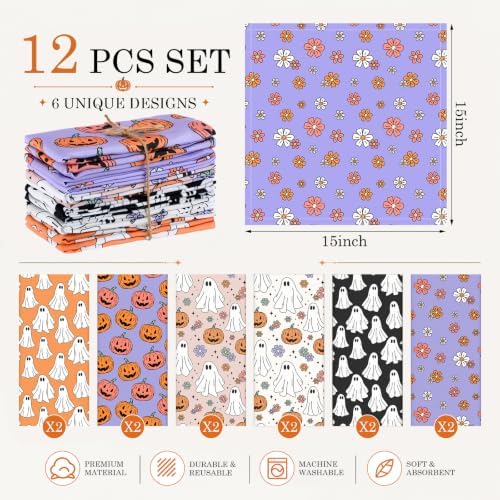 Mixweer 12 Pack Halloween Cloth Napkins Bulk, 15 x 15 Inch Square