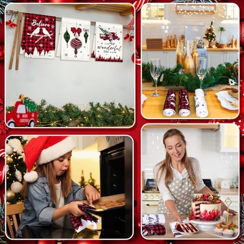 VitalCozy 12 Pcs Buffalo Plaid Christmas Kitchen Towels, 14.2 x 21.3 in