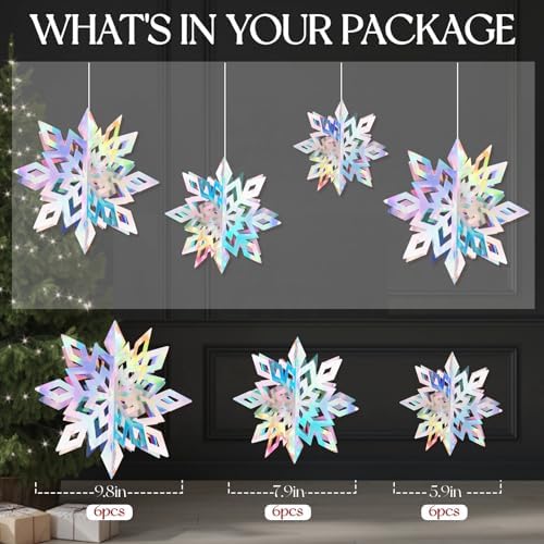 18pcs Hanging Snowflakes Decorations, 3D Iridescent Large Snowflakes Ornaments Hanging Snow Flakes from Ceiling for Christmas Winter Wonderland Indoor Home New Year Frozen Birthday Party Decorations