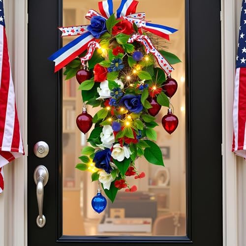 Pre-Lit Patriotic Themed Teardrop Swag, Red White Blue Solar Powered Lights
