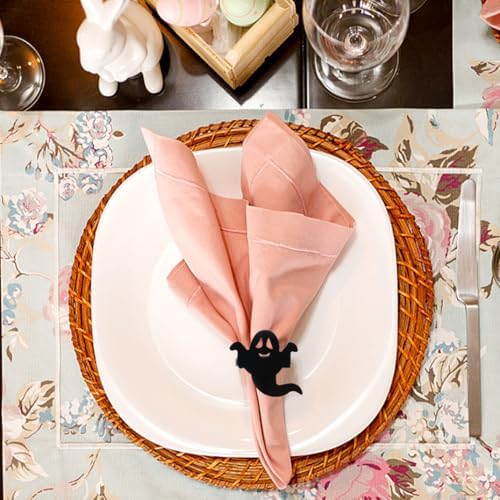 Spooky Napkin Rings, Halloween Napkin Rings Set of 6, Black Napkin Rings Stainless Steels Serviette Buckle Ring Halloween Napkin Holder for Party Dinner Holidays Decorations (Black, 6 pcs)