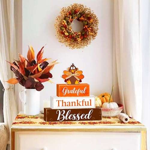 Fall Wooden Table Sign,Thanksgiving Turkey Wooden Blocks Table Decor, Blessed Grateful Thankful Tabletop Signs Farmhouse,Autumn Thanksgiving Harvest Home Kitchen Shelf Decor