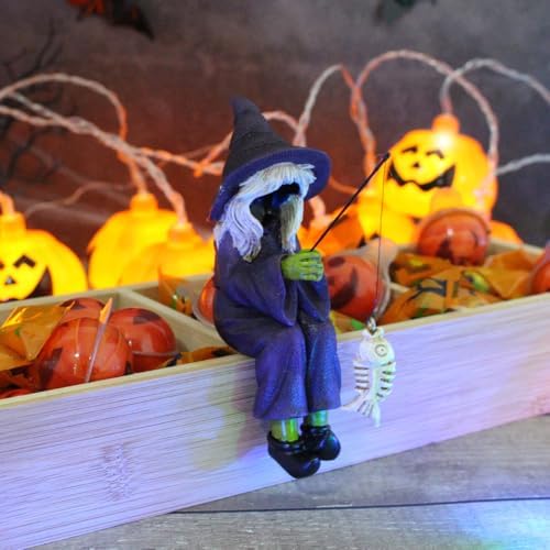 Witch Fishing Decor - Halloween Shelf Sitter Statue, Aquarium and Garden Pond Edge Ornament, Resin Gothic Figure for Water Tank Rim, Witch Hat Halloween Decorations