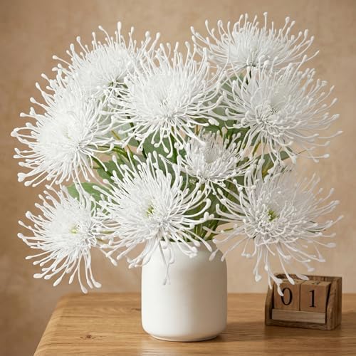 6PCS White Artificial Fake Mums Fall Faux Pincushion Flower