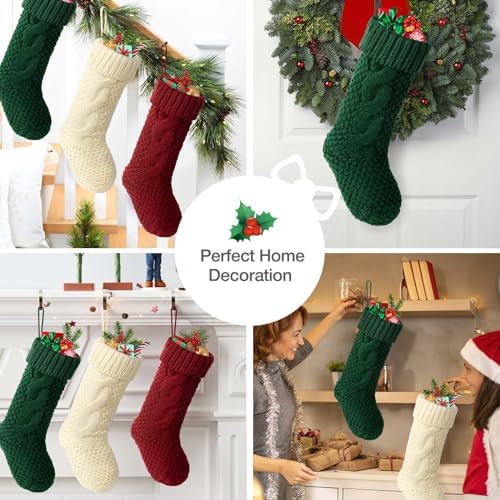 Hommtina Christmas Stockings, Personalized Christmas Stockings 18 Inches Large Size Cable Knitted Stocking Gifts (Style 3 6pcs White&red&Green)