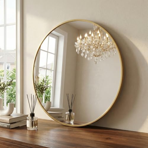 36 Inch Gold Round Bathroom Wall Mirror, Round Mirrors for Wall Decor, Circle Mirror for with HD Shatter-Proof Glass