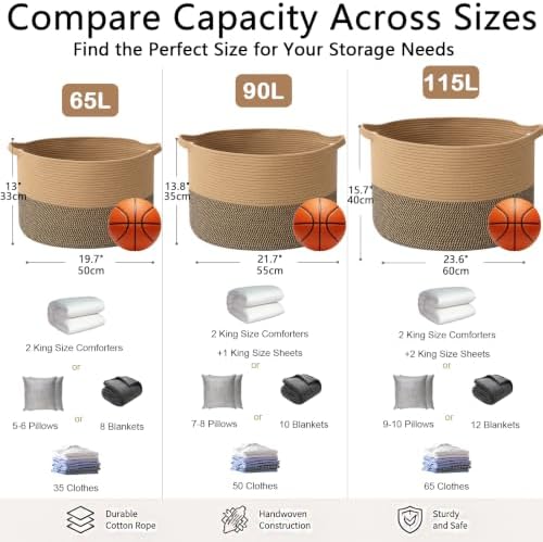 90L Extra Large Blanket Basket,Woven Rope Laundry Basket-Jute&Black