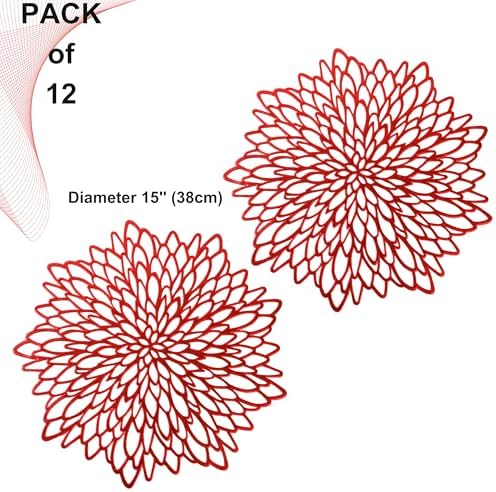 Snowkingdom 12 Pack Red Placemats Metallic Shiny Pressed Vinyl Dining Mats Round Leaf Floral Table Decoration for Halloween Mother's Day Christmas Valentine's Day Weddings Holiday Celebrations
