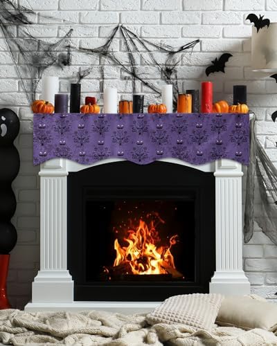 Halloween Mantel Scarf for Fireplace, Haunted House Ghost Purple Halloween Fireplace Cover Decorations Indoor Trick or Treat Mantel Top Scarf Runner for Seasonal Fall Holiday Party, 17 x 90 Inch