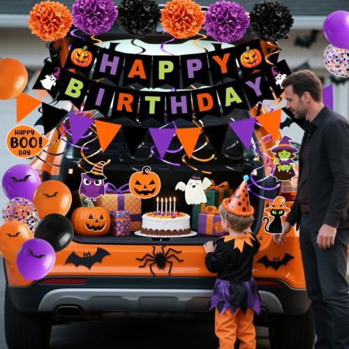Halloween Birthday Party Decorations, 73PCs Halloween Birthday Decorations Set Including HAPPY BIRTHDAY Banner Bat Stickers Hanging Garland Swirl Streamers Purple Orange Black Balloons Honeycomb Ball