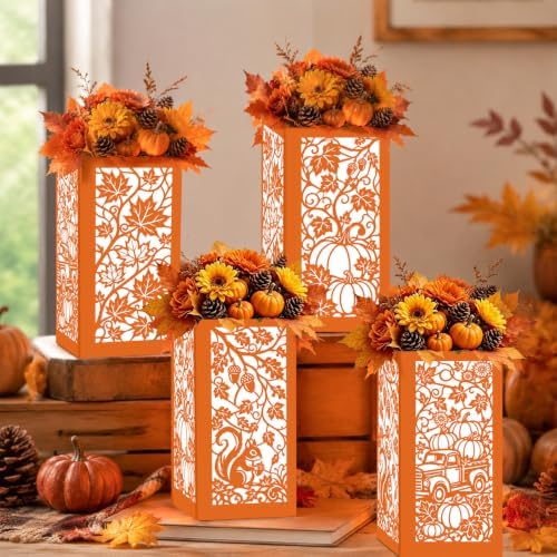 Urlax 4PCS Fall Decorations for Home Thanksgiving Table Centerpiece Box for Floral Arrangements Autumn Harvest Table Decor with Maple Leaves Pumpkin Squirrel Truck Design