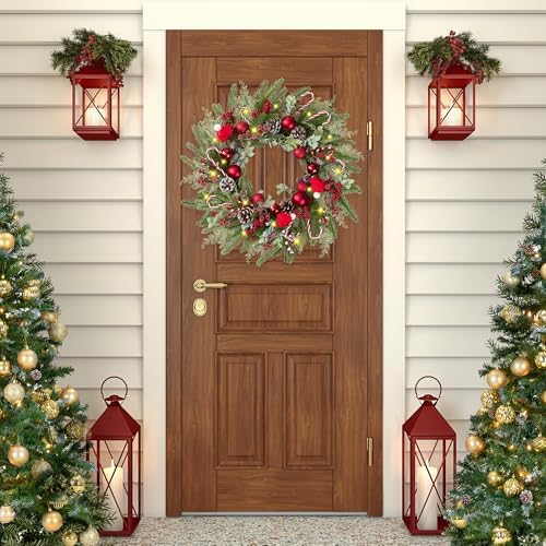 22’’ Artificial Christmas Wreath for Front Door with Red Balls Candy Canes Pine Needles Red Berries Pine Cones Christmas Decorations for Winter Wall Outdoor Home Holiday Xmas Decor
