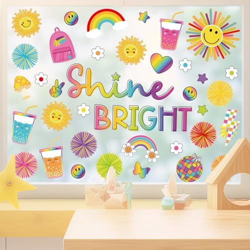 Whaline 9 Sheets Summer Cartoon Sun Window Cling Stickers Boho Sun Sunshine Window Decals Shine Bright Reusable Decoration for Back to School Party Home Classroom