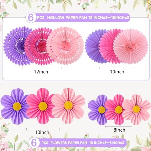 ADLKGG 12 Pcs Pink Purple Party Decorations, Paper Fans Flower Wall
