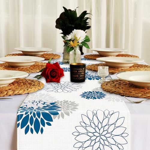 Niviy Blue Gray Table Runner 13x108 inches Long Dahlia Pinnata Flower Pattern Spring Summer Seasonal Kitchen Dining Table Decoration for Indoor Outdoor Home Party Decor (13 x 108 inch)