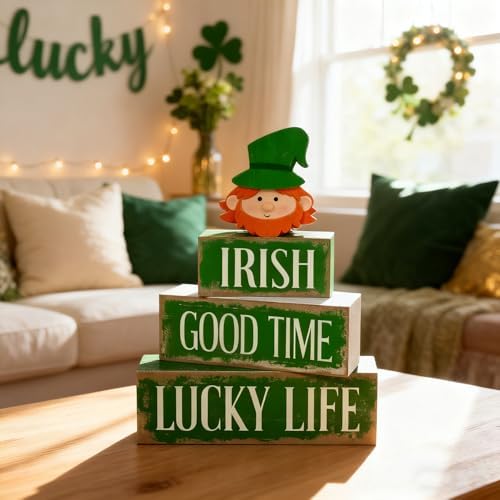 St. Patrick’s Day Decorations - St Patrick Day Irish Good Time Tiered Tray Decor Set - Wooden Leprechaun Tabletop Decoration - Rustic Farmhouse Holiday Home Decor for Indoor Shelf Mantel Coffee Table Gift