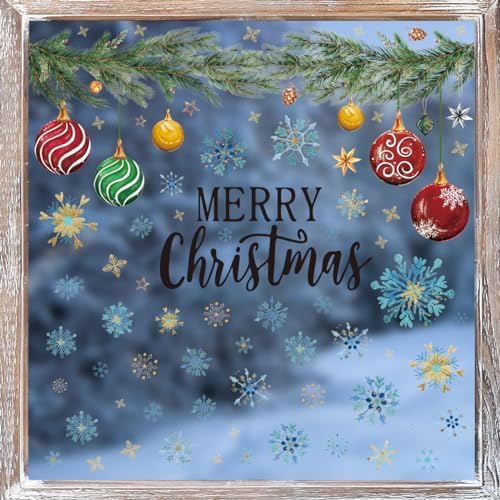 Horaldaily 65 PCS Christmas Window Cling Sticker, Xmas Balls Branches Snow for Home Party Supplies Shop Window Glass Display Decoration
