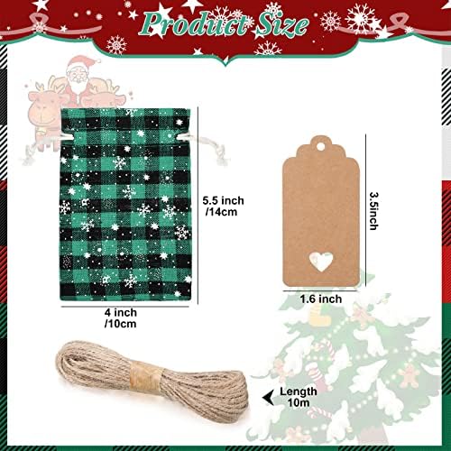 Shappy 24 Pcs Christmas Drawstring Gift Bags Xmas Buffalo Plaid Burlap Advent Bags 5.5 x 4 Inches Linen Treat Candy Bag with 32.8 ft Rope 24 Card(Mixed Colors)
