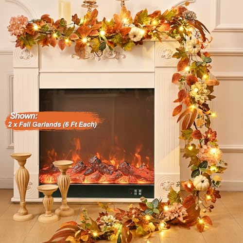 2 Pcs Fall Garland for Mantle, 6 FT Fall Garland with Lights
