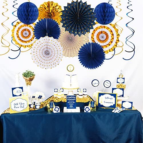 Navy-Blue White-Gold Graduation Party-Decorations - 33pcs Kits Banner, Streamers Tassel Garland,Tissue Pom Poms Honeycomb, Paper Lantern Fans,Wedding Birthday Baby Shower Backdrop Ceiling Decor Hugtmr