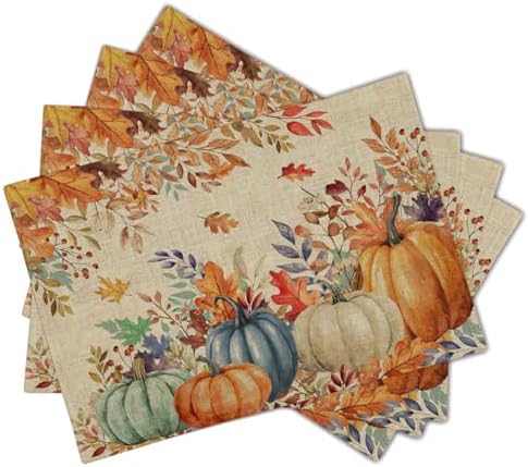 Fall Thanksgiving Placemats Set of 6 18x12 Inch Autumn Pumpkins Maple Leaves Linen Place Mats Heat-Resistant Washable Wipeable Table Mat for Party Kitchen Dining Room Dinner Table Decor
