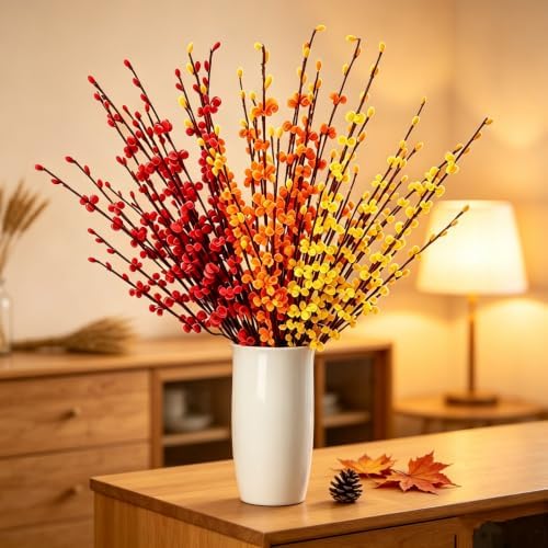 12Pcs Artificial Jasmine Flowers,21.6" Fake Branches for Home Valentine St. Patrick Independence Halloween Fall Christmas Party Decor,Red Yellow Orange