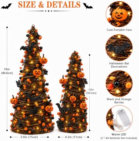 2Pack Lighted Halloween Tabletop Trees with Timer, Pumpkin Bat Decor