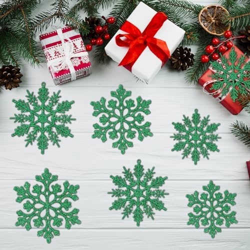 Dark Green Christmas Snowflake Ornaments- 36Pcs Plastic Glitter Hanging Snow Flakes for Christmas Tree Decorations Winter Wonderland Frozen Birthday Party Holiday Home Decor Craft Snowflakes