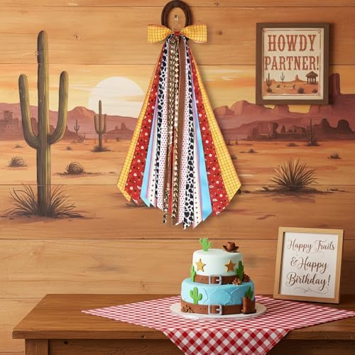 Cow Print Ribbon Bow Set, 27.5" Western Themed Wreath Decoration with 9 Assorted Ribbons, Yellow Plaid Cowboy Door Hanger Sash for Birthday Party Kids Room & Gift Wrapping