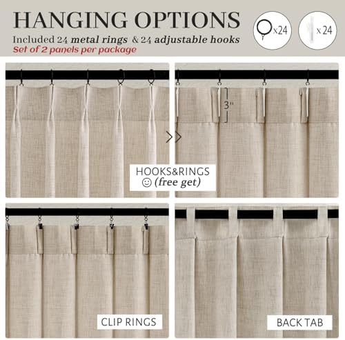 Natural Linen Semi Sheer Large Curtains 102 Inches Long 2 Panels Set for Nursery, Memory Trained Pinch Pleated Extra
