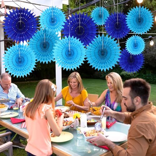 12PCS Paper Fans Blue Party Decorations Tissue Paper Flowers Decorations for Girl Groovy Birthday Baby Shower Wedding Bachelorette Room Wall Hanging Décor