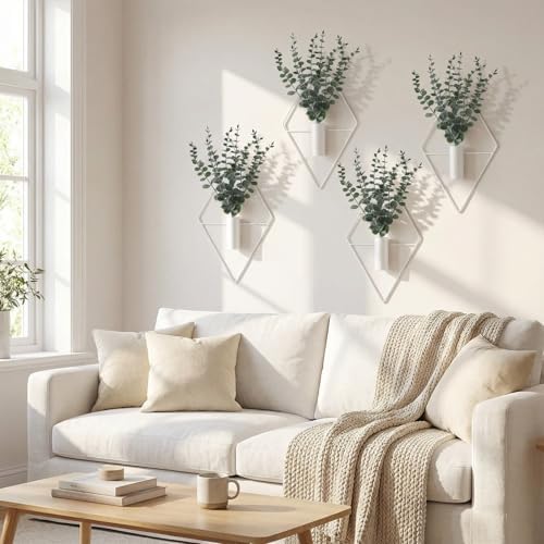 Jexine 4 Pcs Hanging Artificial Planters Wall Decor, White, Eucalyptus