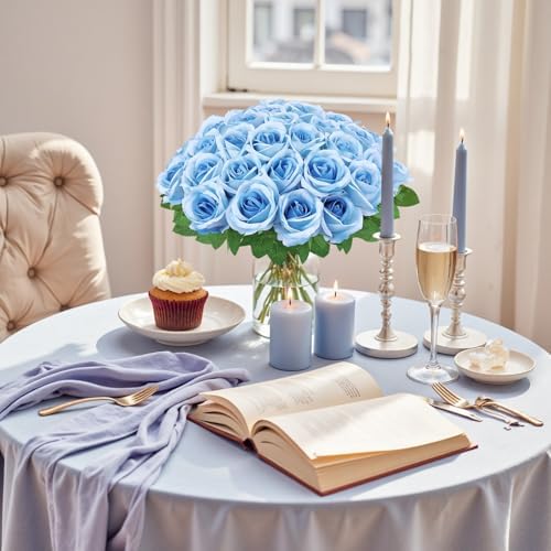 36 Pcs Sky Blue Artificial Roses with Long Stems