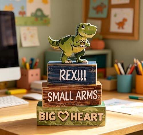 4 Pcs Dinosaur Tiered Tray Decor, Wooden T-Rex Table Decorations, Cute Dinosaur Party Centerpieces for Boys & Girls Birthday, Baby Shower, Nursery, Jungle Theme Home Decor