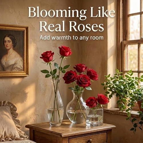 60 Pcs Red Velvet Artificial Roses Flowers Real Looking Silk Faux Roses Bulk Long Stems for Wedding Centerpieces,DIY Floral Arrangements,Home Decor,Anniversary,Valentine's Day