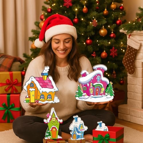 Roowest 4 Pcs Christmas Table Centerpieces, Village Tabletop Xmas Decor Set