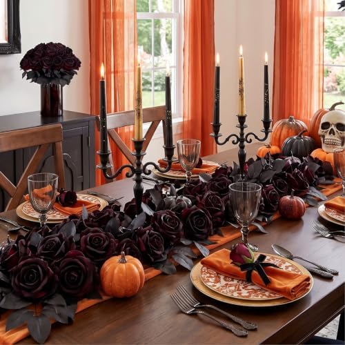 Auihiay 60Pcs Black Artificial Roses, Faux Halloween Flowers, Balck Roses