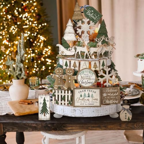 Shellwei 22 Pcs Christmas Tiered Tray Decor Set Wood Rustic Gingerbread Christmas Decoration Winter Farmhouse Decor Xmas Trees Gnome Elk Snowflake Signs for Table Shelf Home Centerpiece (Fresh)