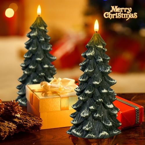 Christmas Tree Shaped Flickering Flameless Candles, Green Real Wax Battery Operated LED Candles with Timer for Christmas Home Party Decoration Christmas Gift Set of 2