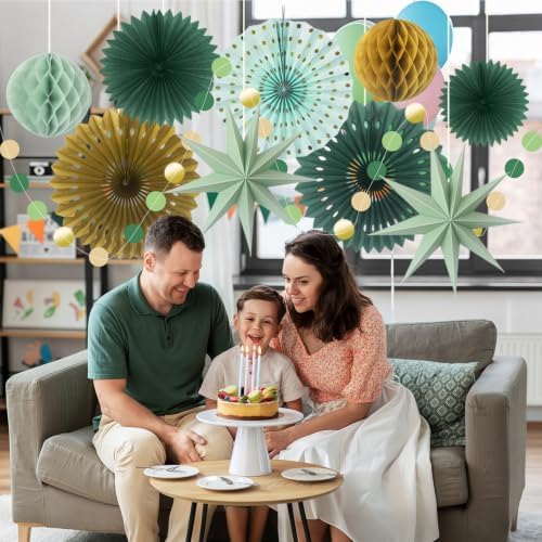 ADLKGG 10-Piece Sage Green Gold Party Decorations, Hanging Paper Fans