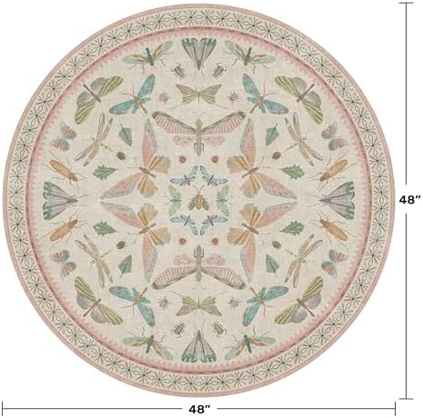 Boho Light Pink Round Rugs for Kids Bedroom - 4 ft Unique Circle Area Rugs for Baby Nursery, Washable Low Pile & Soft