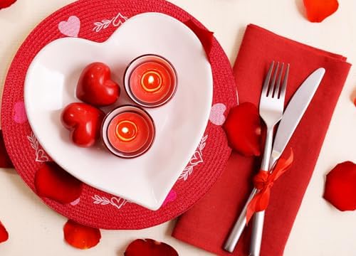 Whaline 4 Pcs Round Valentine's Day Red Pink Placemats Embroidered Place Mats Love Heart Table Mat Decorative Dinner Table Mats for Home Wedding Anniversary Party Decor