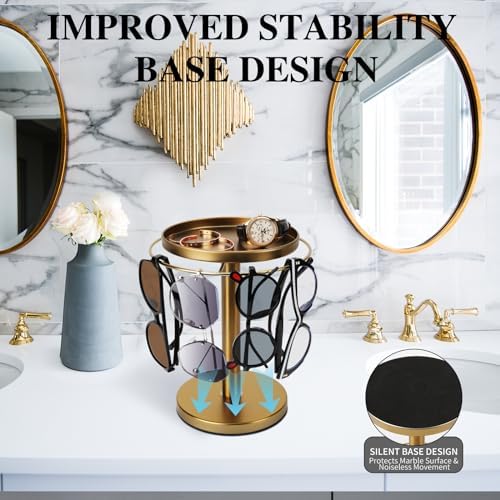 kondyfayo 360° Rotating Sunglass Organizer Storage, Stainless Steel Glasses Holder Stand, Glasses Organizer with Tray