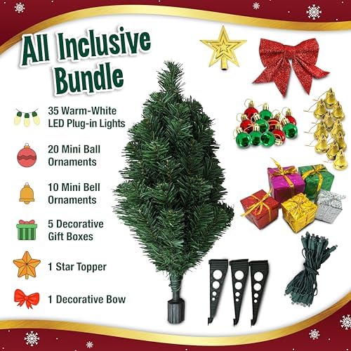 Small Christmas Tree with Lights - 23 Inch Mini Tabletop Christmas Tree with Warm-White LED Lights, Hanging Ornaments, Decorative Bow and Gift Boxes - Prelit Table Tree for DIY Christmas Decoration