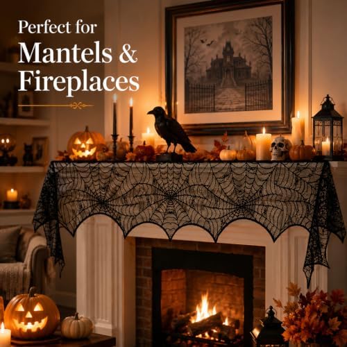 2-Pcs Halloween Fireplace Decorations - 18x98 Inch Black Lace Spiderweb Mantel Scarf Cover for Stair Handrails Door Curtains Spooky Party Supplies Haunted House Indoor Outside Decor Set