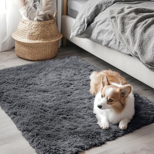 OLANLY 3x3 Machine Washable Small Bedside Rug, Soft Fluffy Shaggy Entryway Throw Rugs for Bedroom, Living Room, Indoor