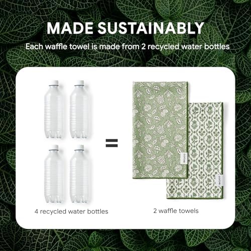 RECYCO Waffle Kitchen Towel Set of 2 - Quick Dry Microfiber Sustainable Dish Towels - Ultra Absorbent Reusable Cleaning Tea Towels - Lightweight Hand Towels,16”x 28”, Thyme & Vine