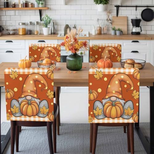 Fall Chair Covers Set of 4 Pumpkin Gnome Chair Slipcover Protector Removable Stretch Chair Covers Maple Leaf Orange Buffalo Plaid Thanksgiving Chair Back Covers for Dining Chairs Kitchen Holiday Party